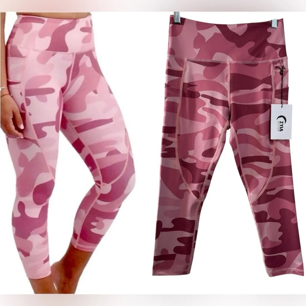 NWT ZYIA Pink Camo Pocket Light n Tight Hi-Rise Capris 20” Leggings Womens 4 - Picture 2 of 15